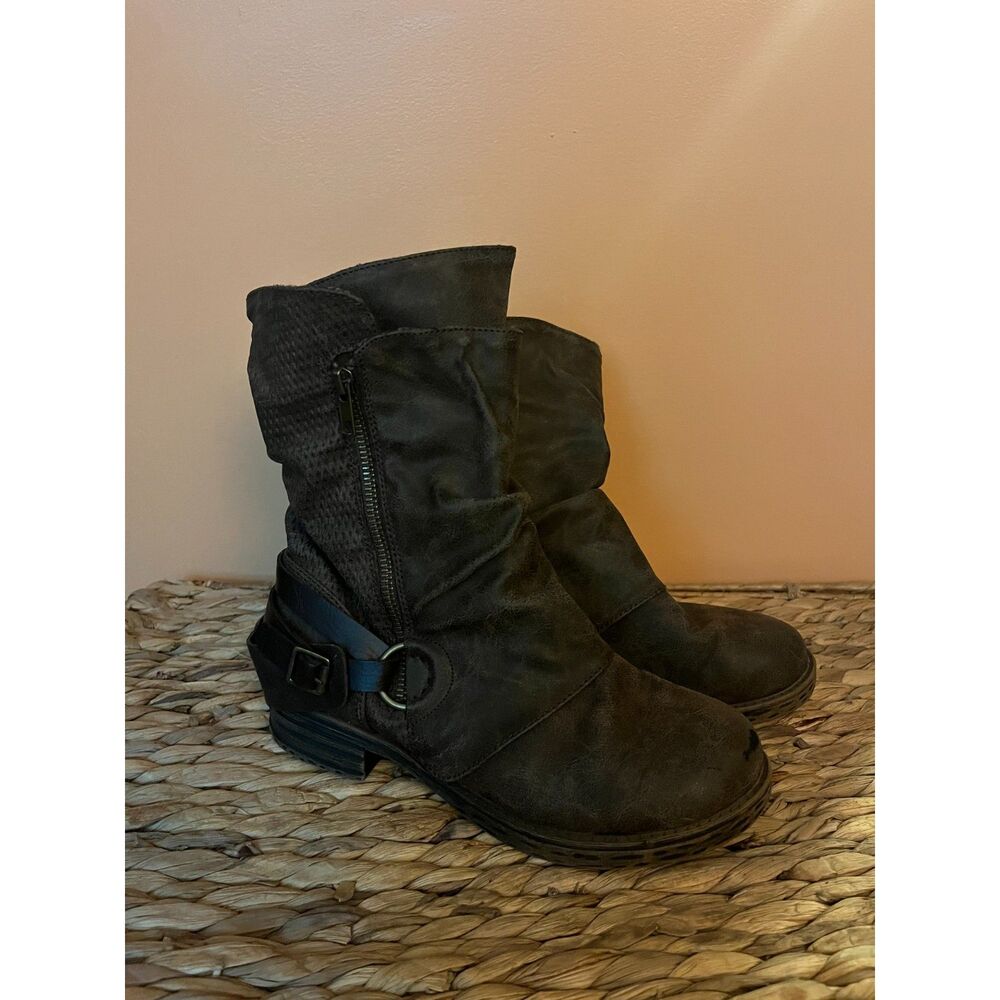 Brown Faux Leather Moto Boots with Plaid Lining Distressed Vibe 7